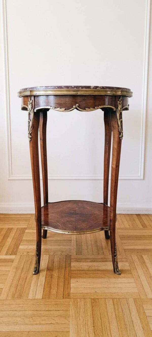 Guéridon Restauré De Style Louis XV Marbre Bronzes Ciselés & Marqueterie
