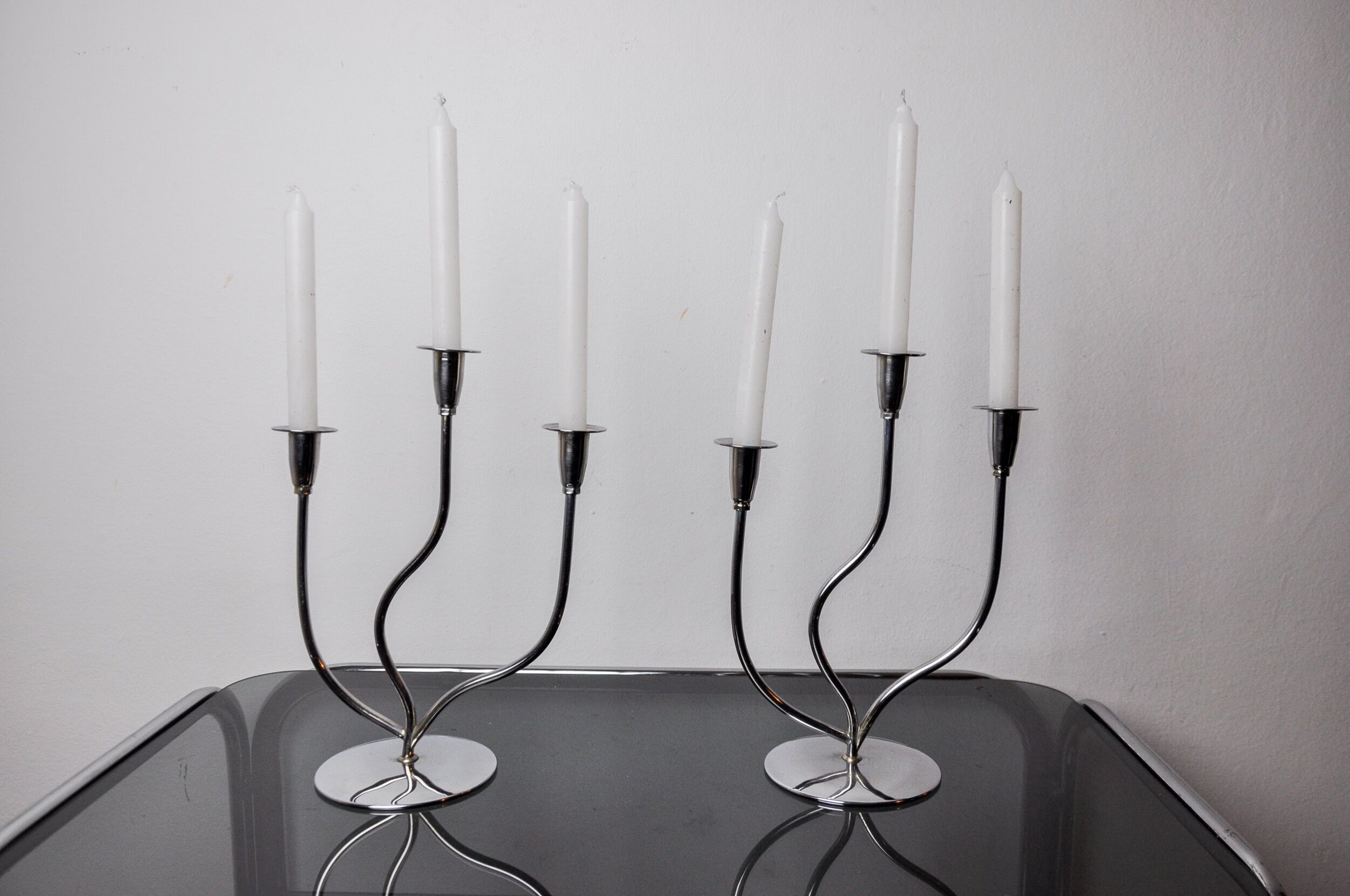 Pair of art deco candlesticks in stainless steel 3 flames, Spain, 1970