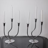 Pair of art deco candlesticks in stainless steel 3 flames, Spain, 1970