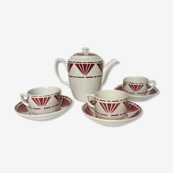 Lot de 3 tasses soucoupes et une cafetière ou théière en céramique Digoin Sarreguemines