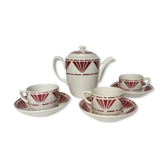 Set of 3 saucer cups and a ceramic coffee maker or teapot Digoin Sarreguemines
