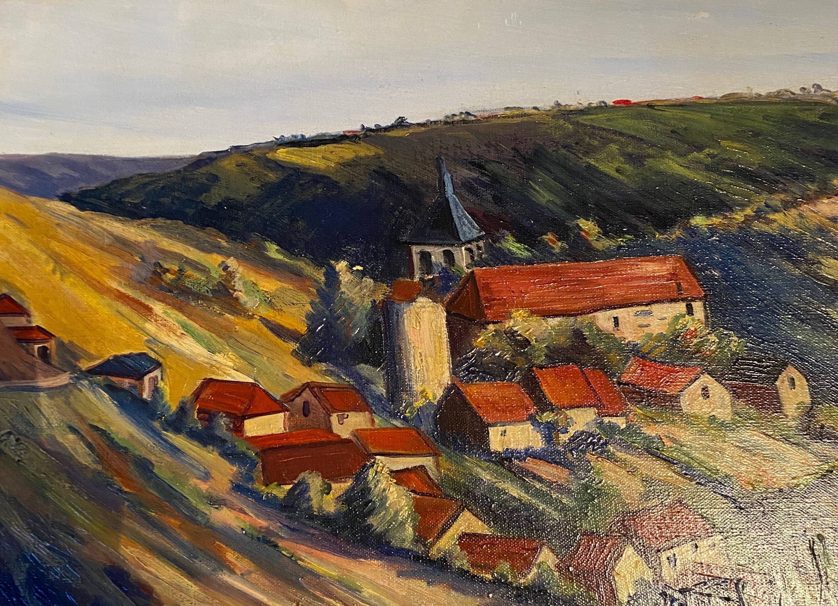 HST painting "Countryside landscape with village" signed G. Etave