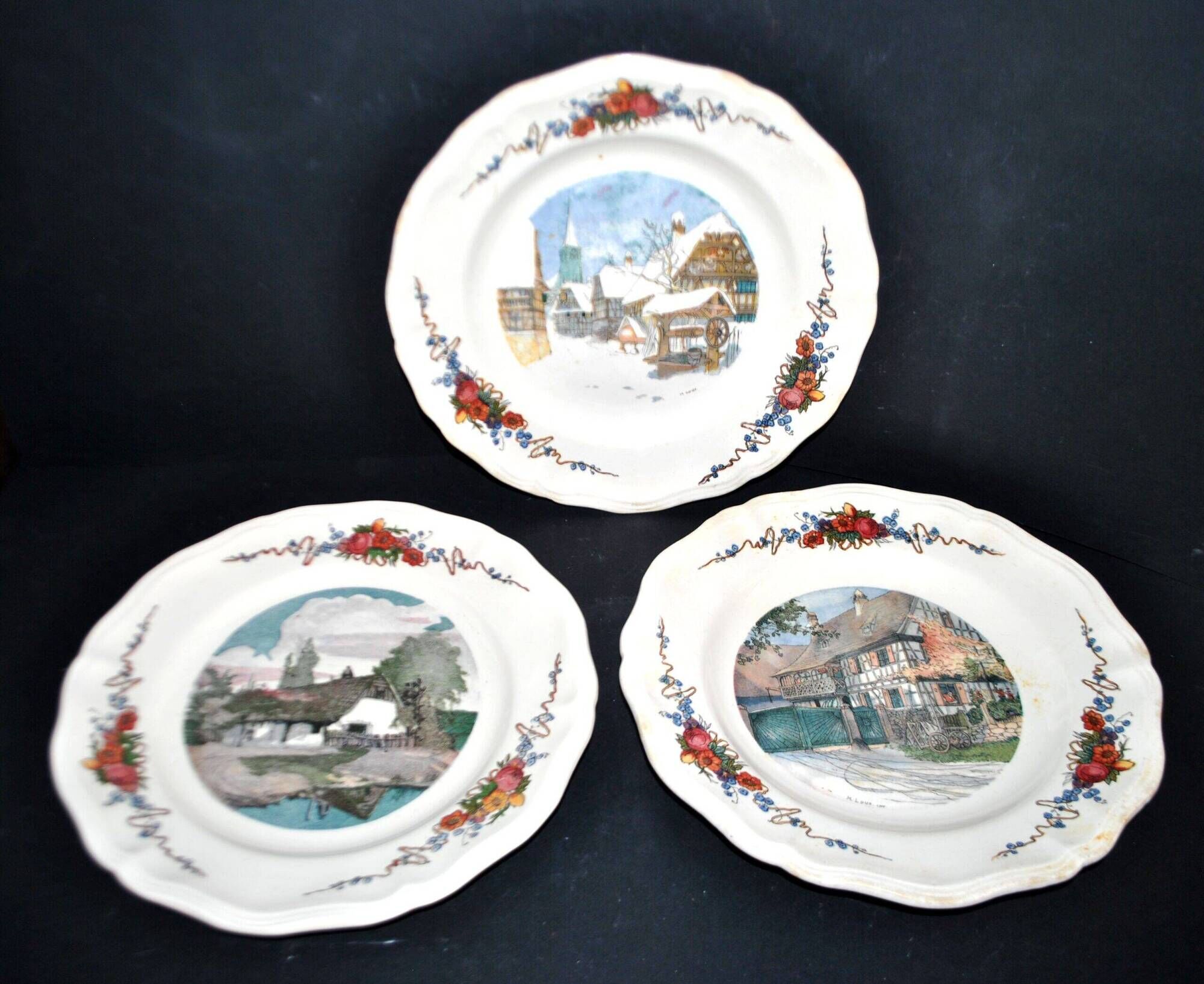 Sarreguemines set of 3 flat plates Obernai village Alsace by Loux