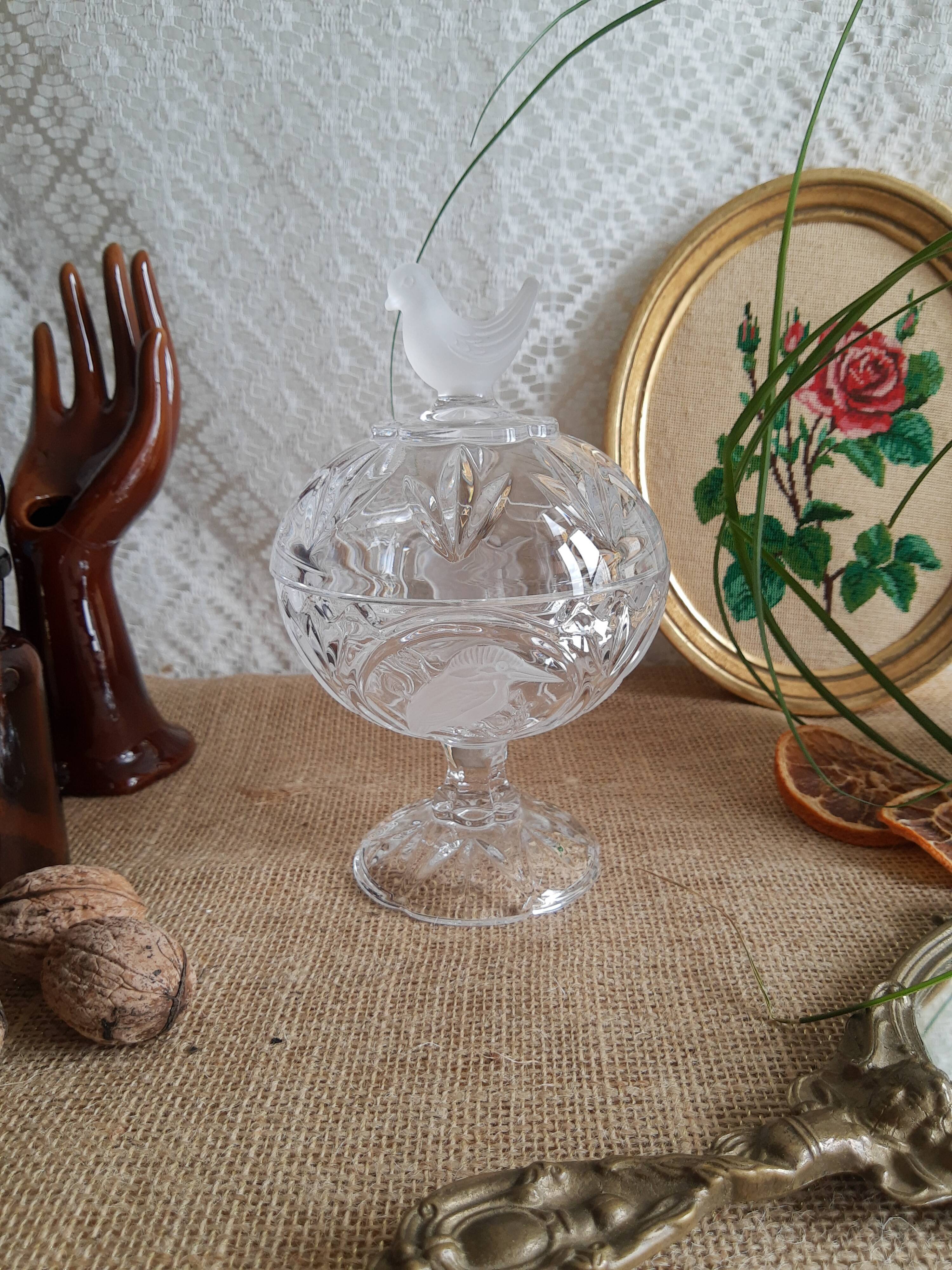 Bonbonnière in Cristal d'Arques Model Les Passereaux Oiseaux Dépoli