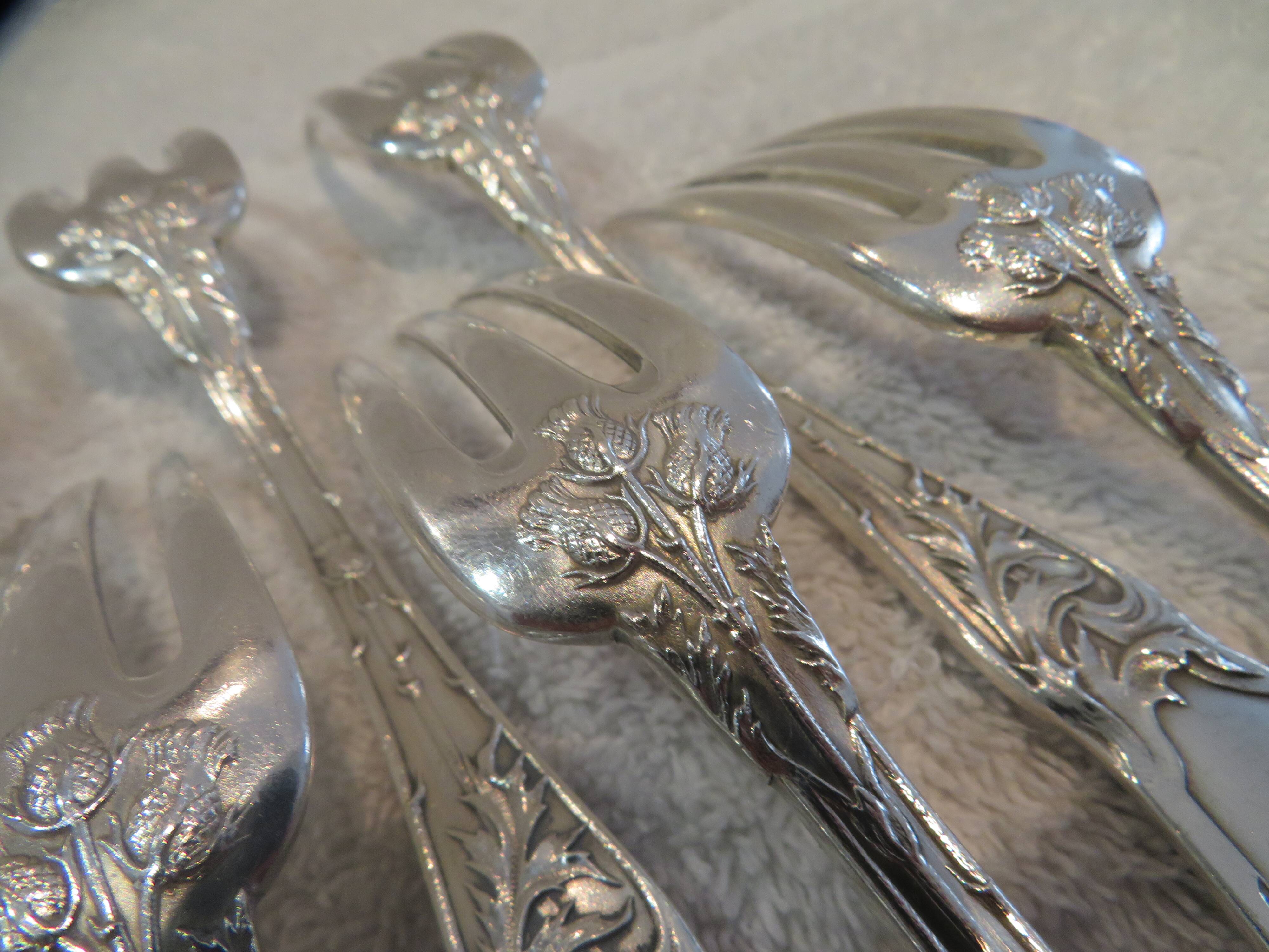 12 silver plated table forks by Boulenger, Art Nouveau Chardons