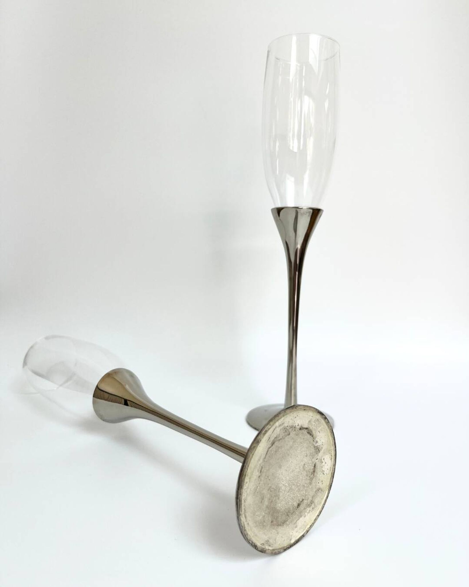 Pair of vintage silver-plated champagne flutes with glass – France, year