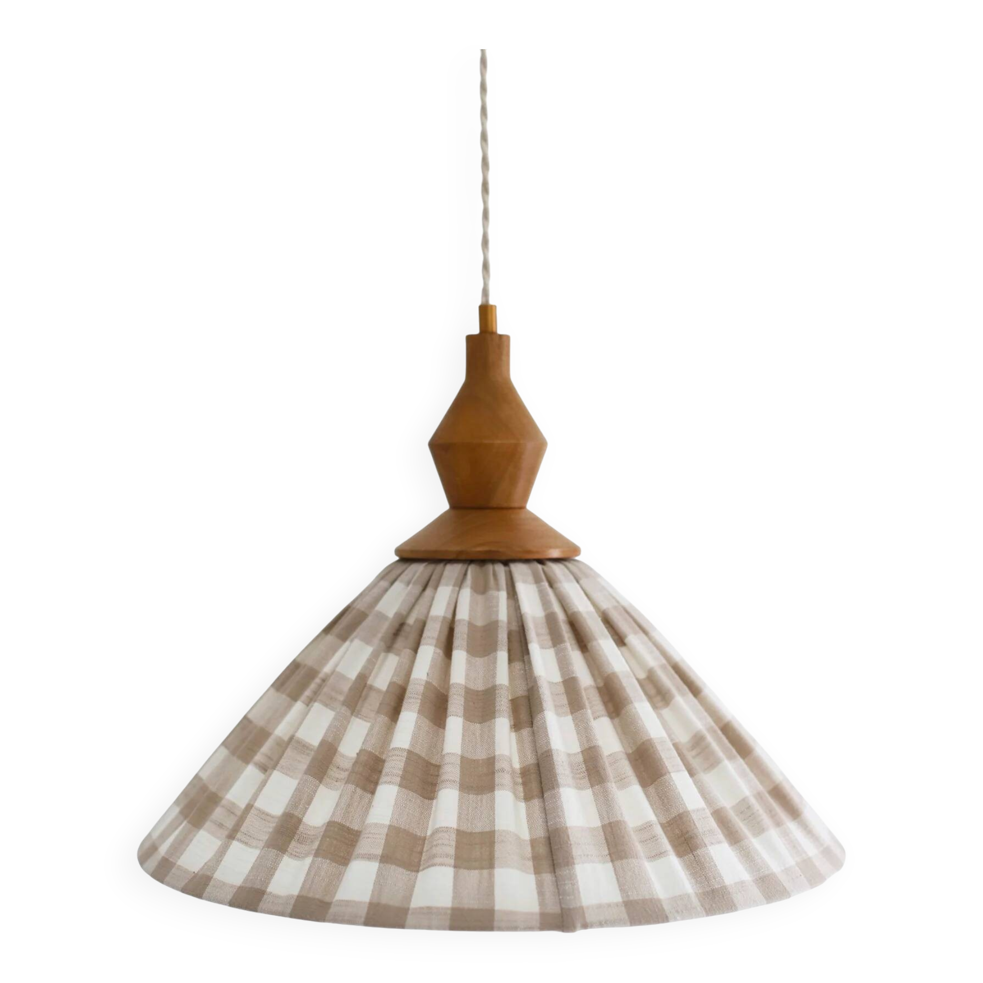 "Olga" pleated pendant light in beige checked fabric and turned wood finish