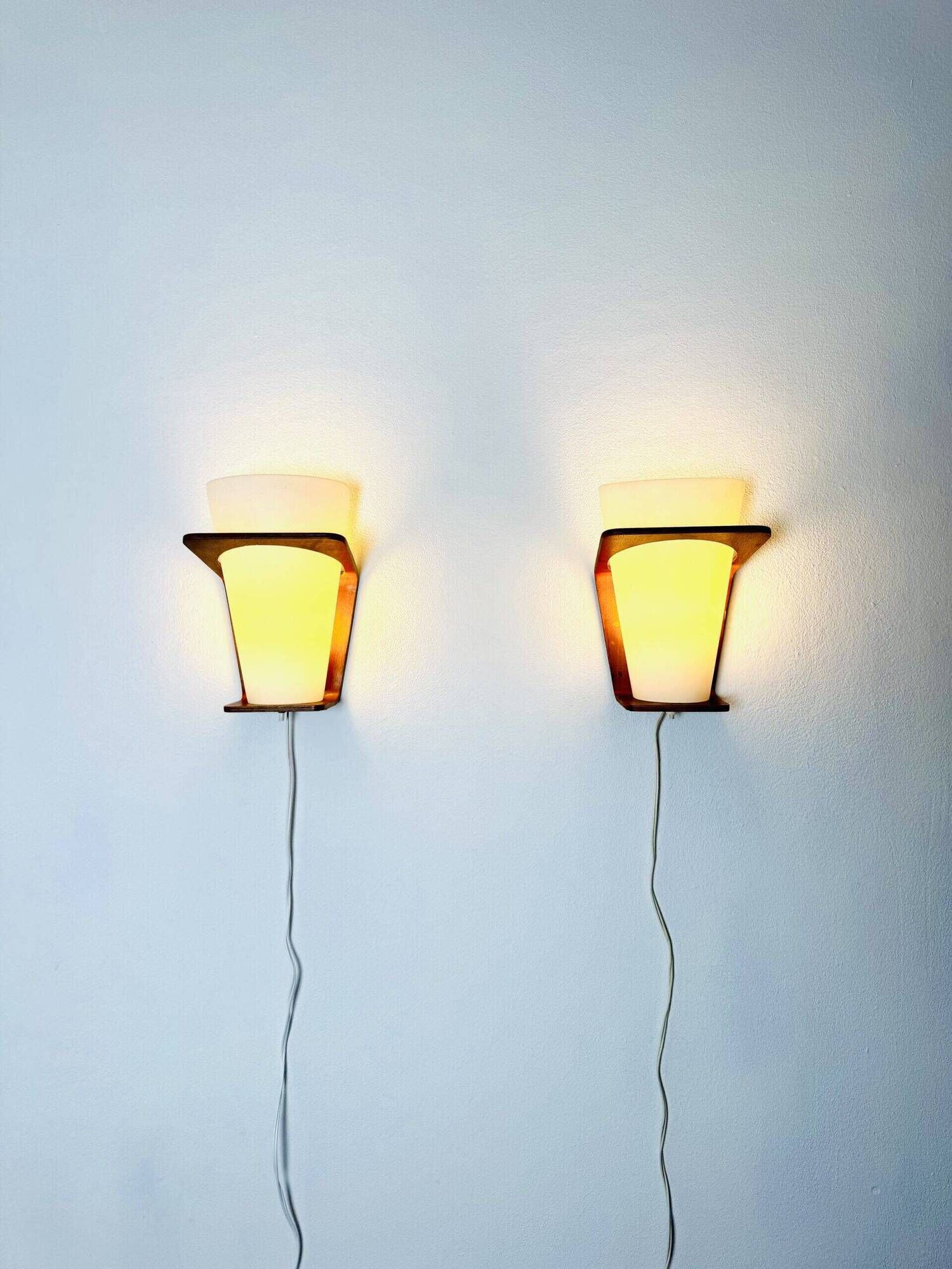Nx41 Wood And Curved Glass Wall Lamps By Louis Kalff For Philips, The Netherlands 1950S