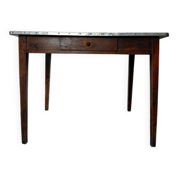 Rustic antique table/draper's desk with zinc top and drawer.