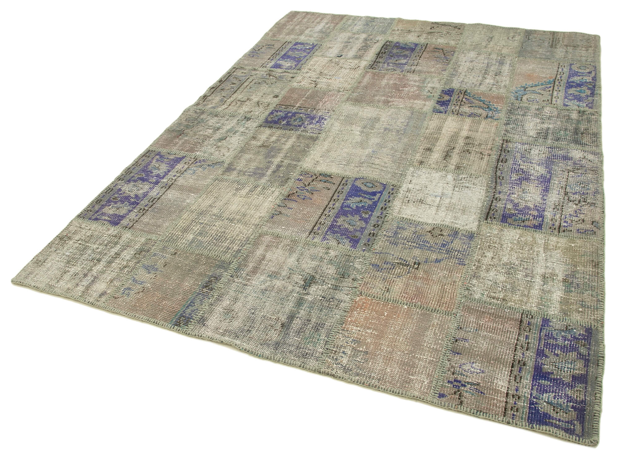 Hand-knotted turkish vintage 178 cm x 250 cm grey patchwork carpet