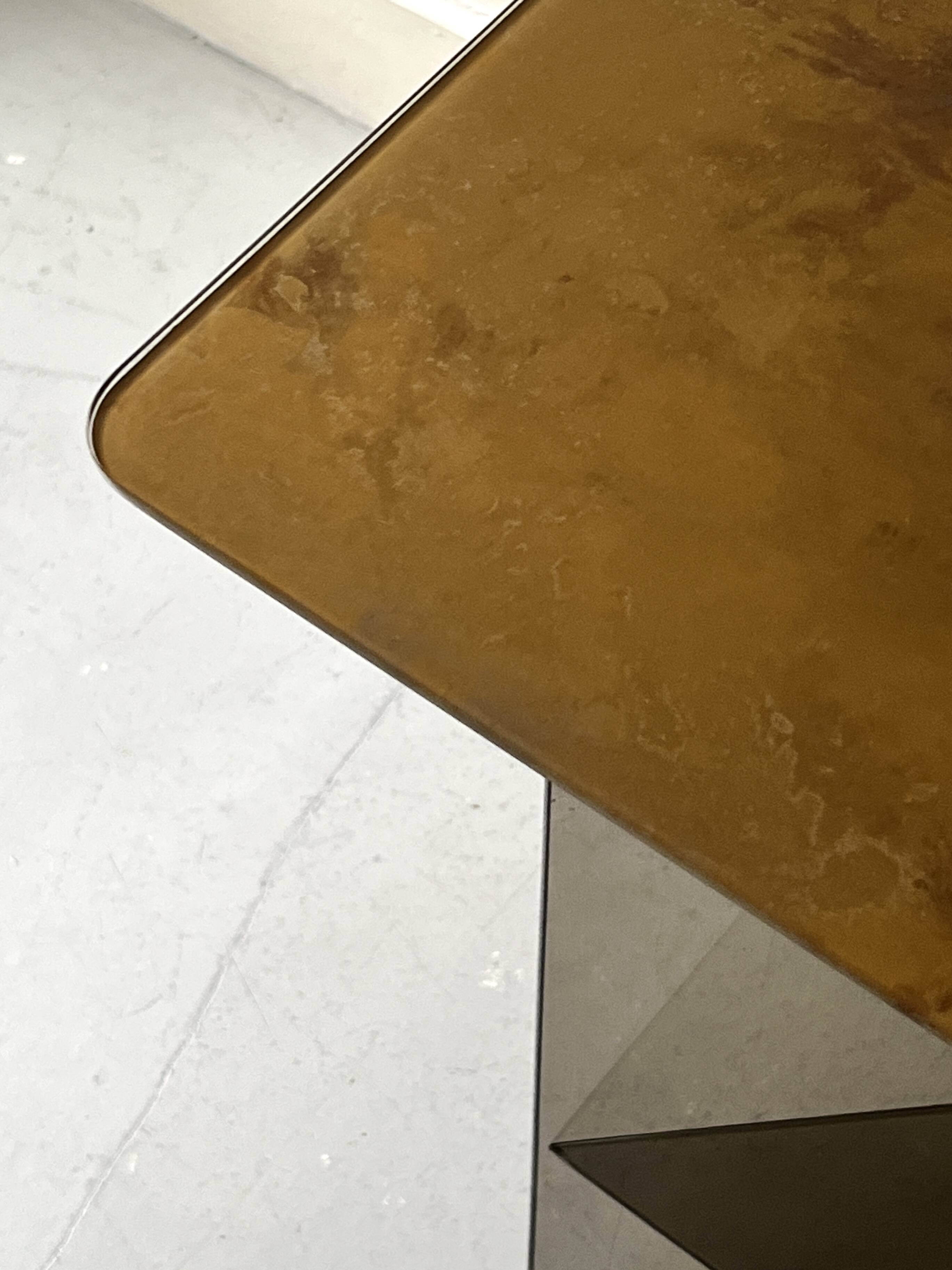 Vintage console in smoked glass and textured organic brown, 70s design.