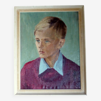 Tableau vintage portrait de jeune garcon signé trollope