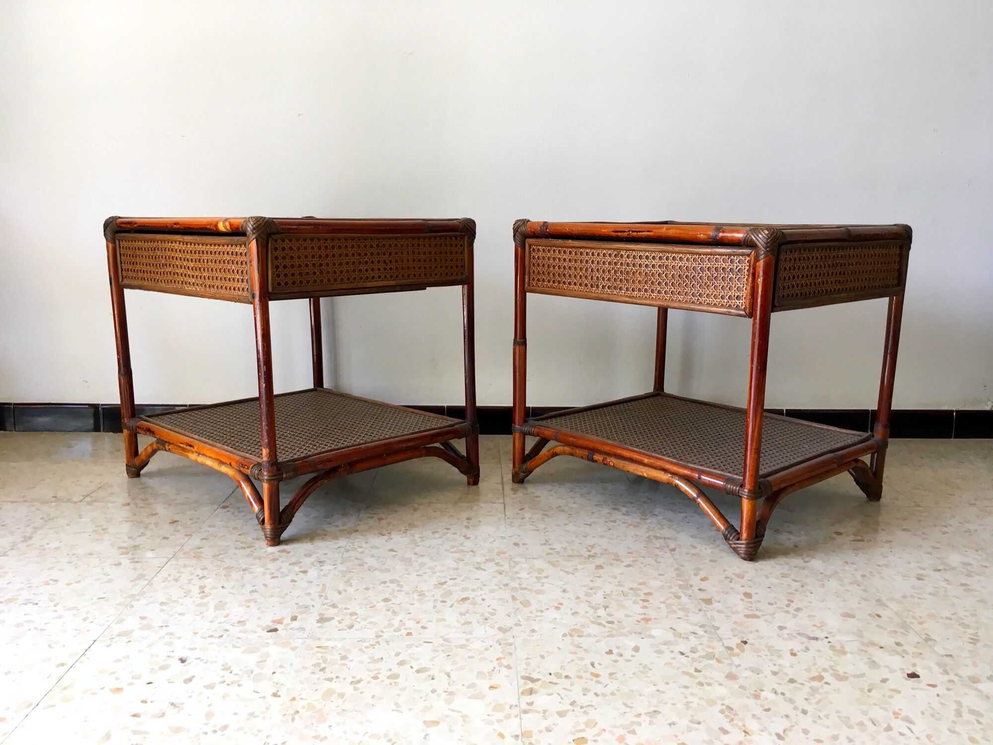 2 vintage rattan bedside tables 70's