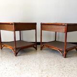 2 vintage rattan bedside tables 70's