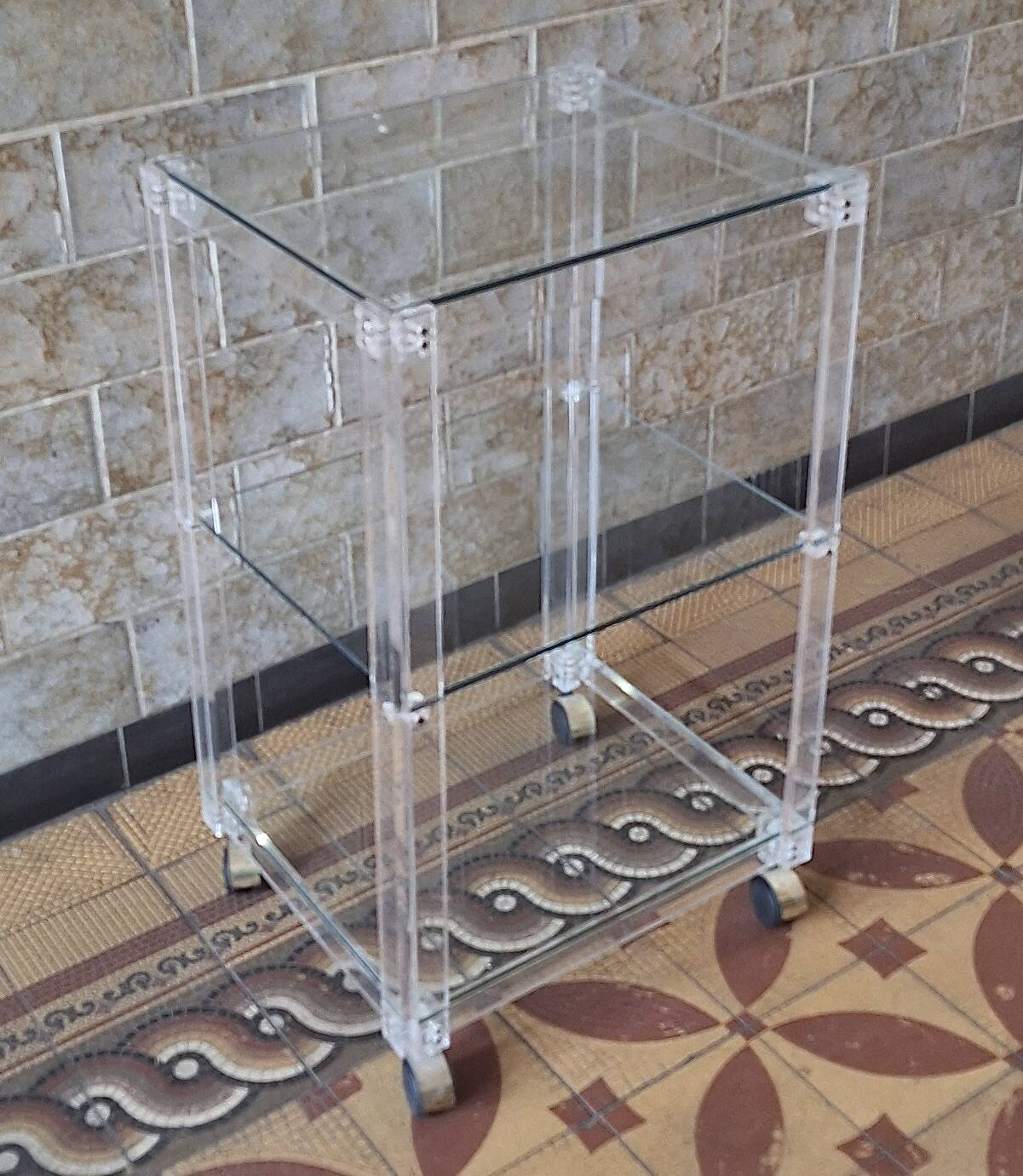 Vintage Italian plexiglass and glass serving trolley, 1980