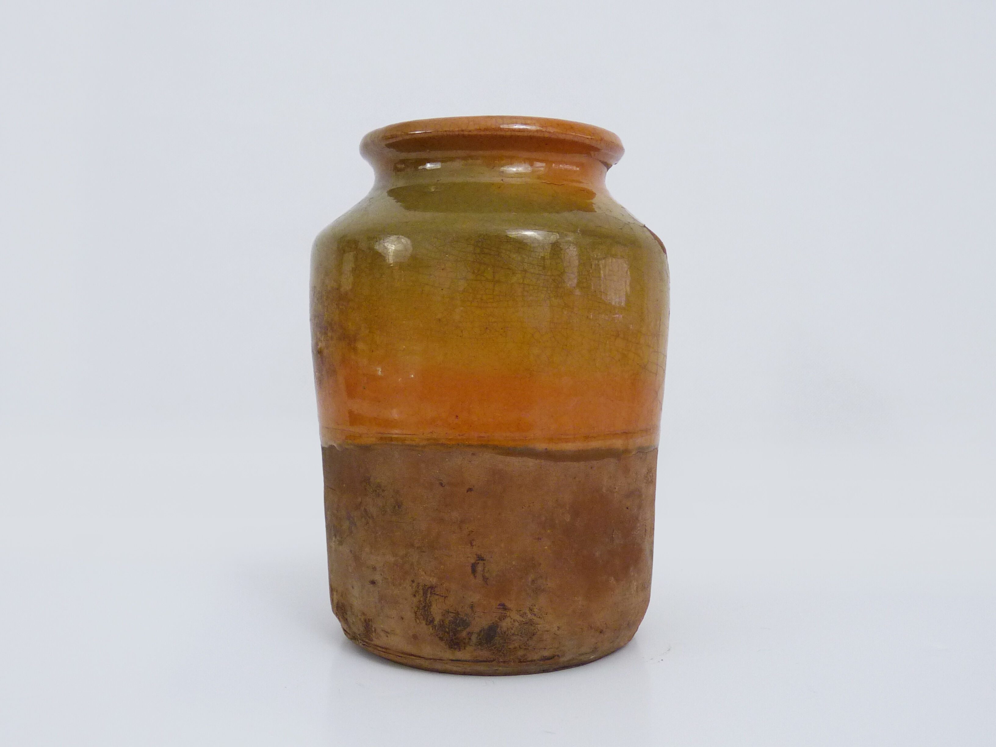 Grease pot in glazed yellow orange terracotta, year 50