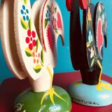 Retro wooden roosters vintage red green black and white Portugal