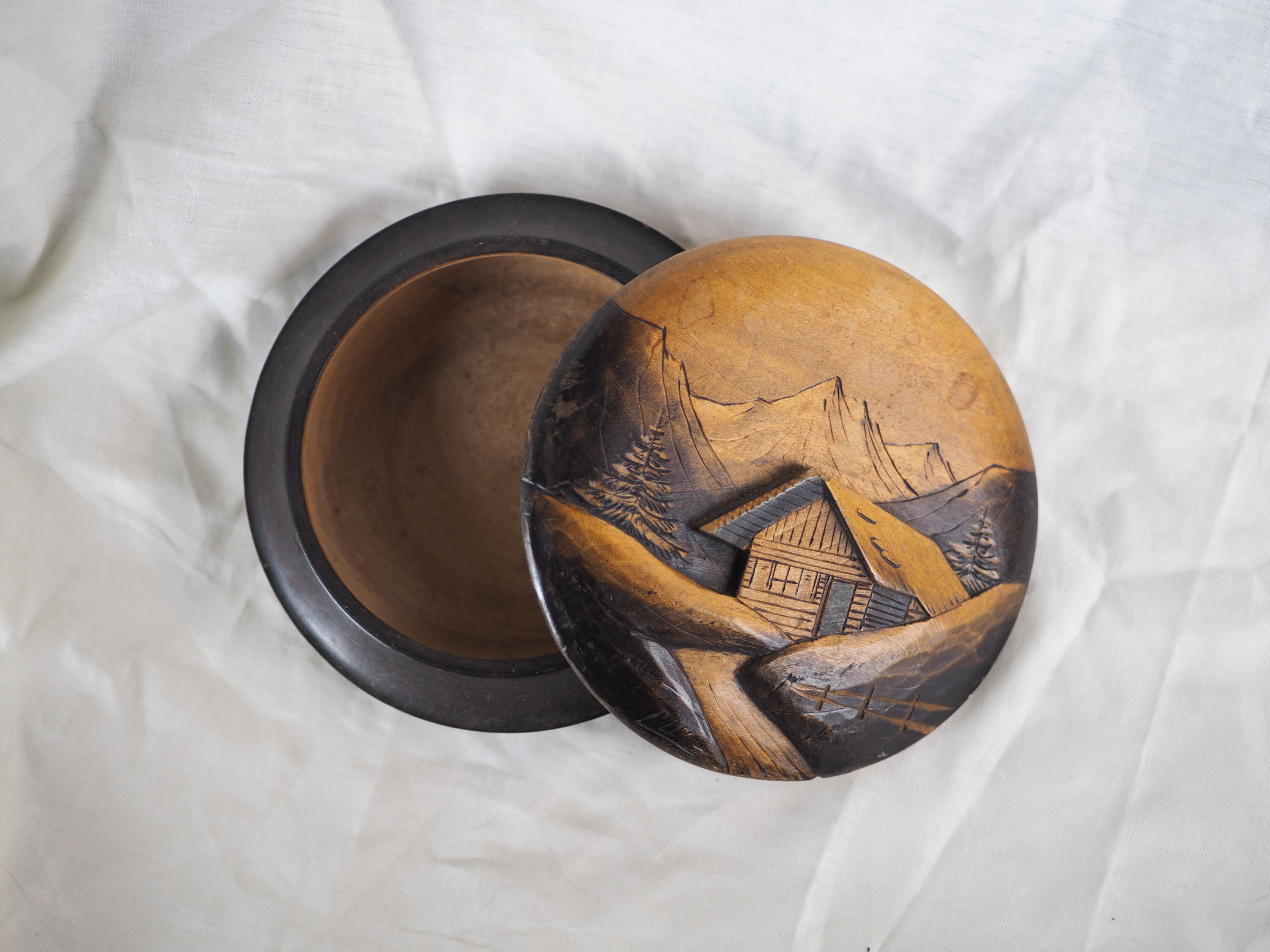 Large blackened wooden box mountain landscape folk art early / mid twentieth