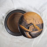 Large blackened wooden box mountain landscape folk art early / mid twentieth