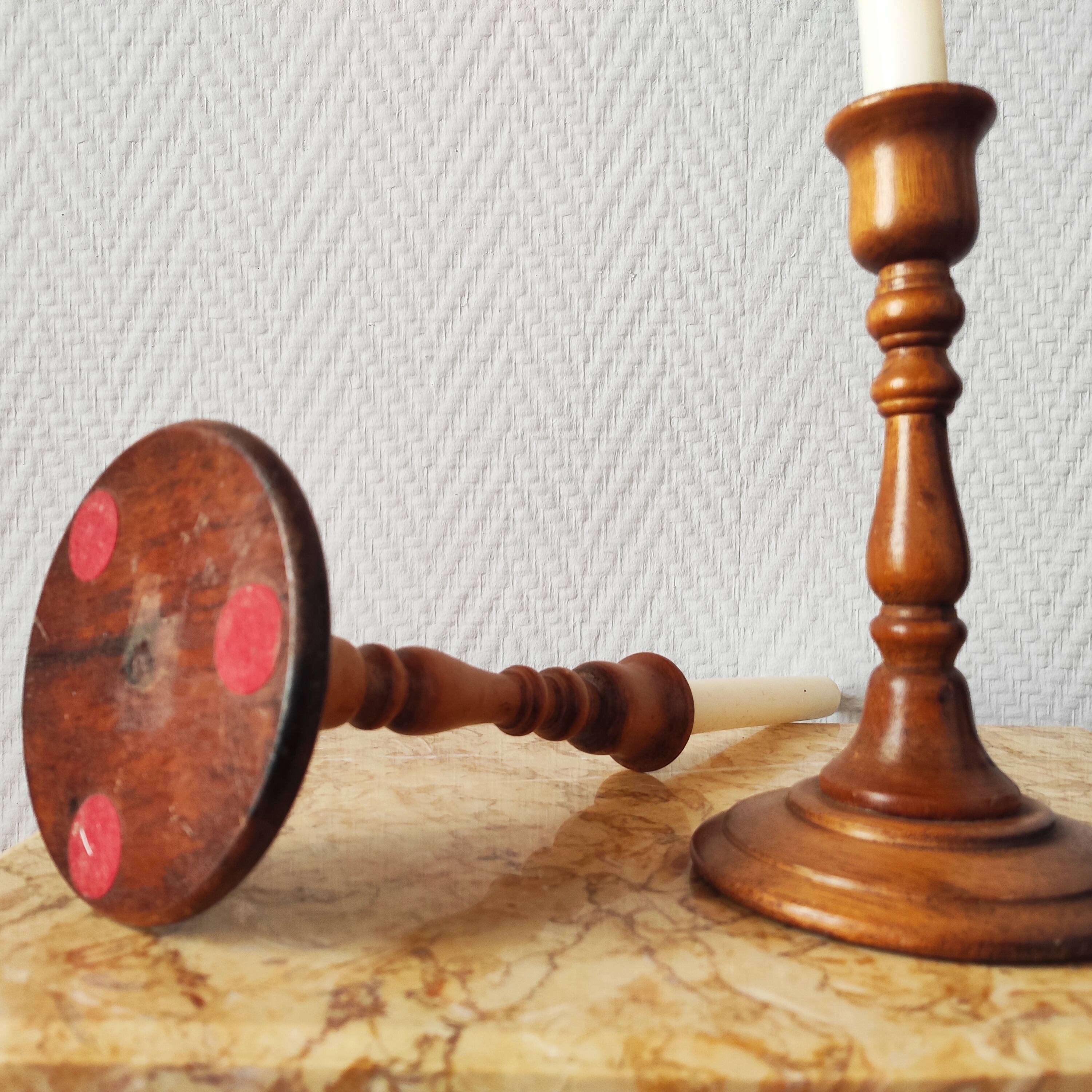 Pair of vintage turned wooden candlesticks