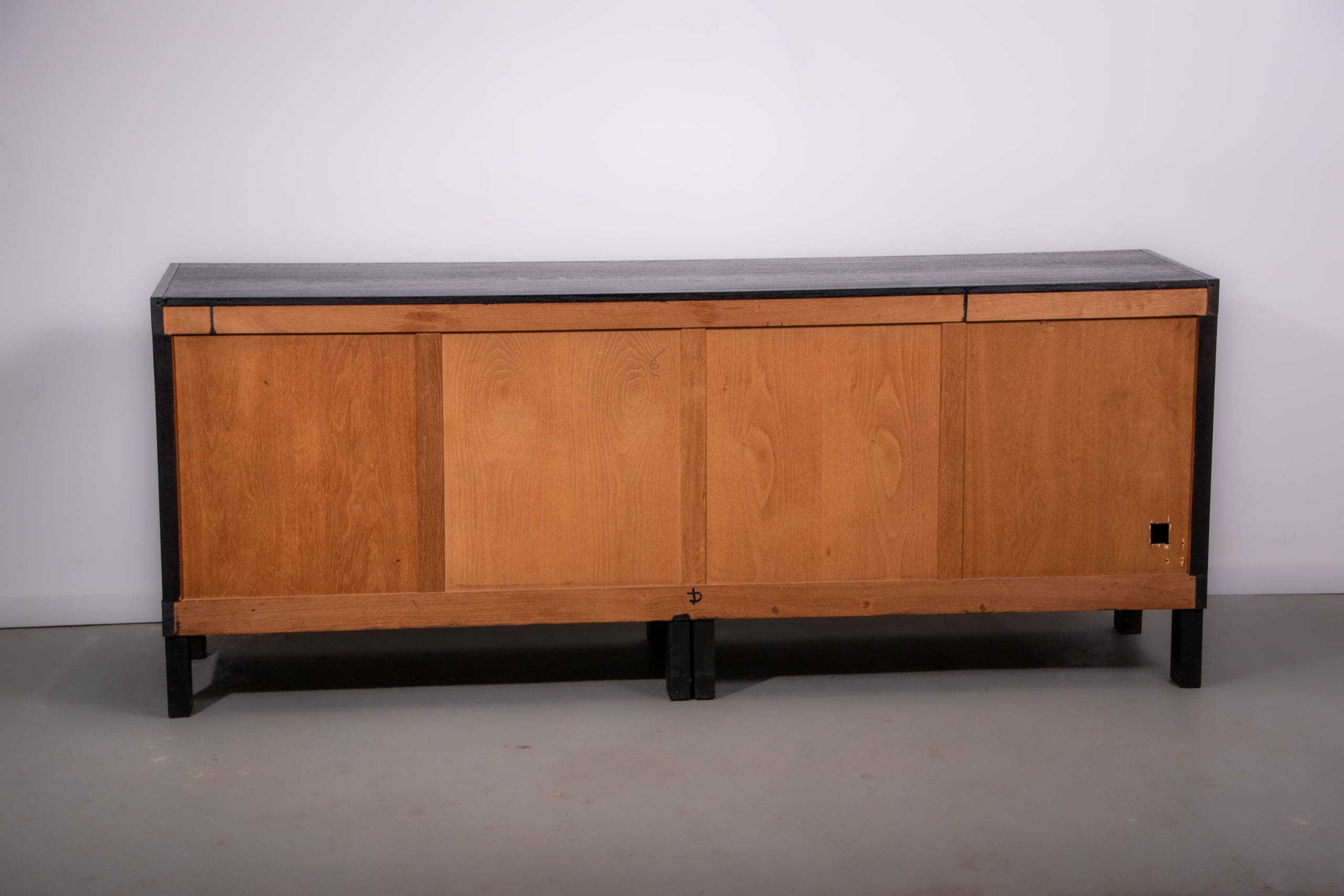 Black oak brutalist sideboard by Jean Batenburg with graphical doors for MI, Belgium