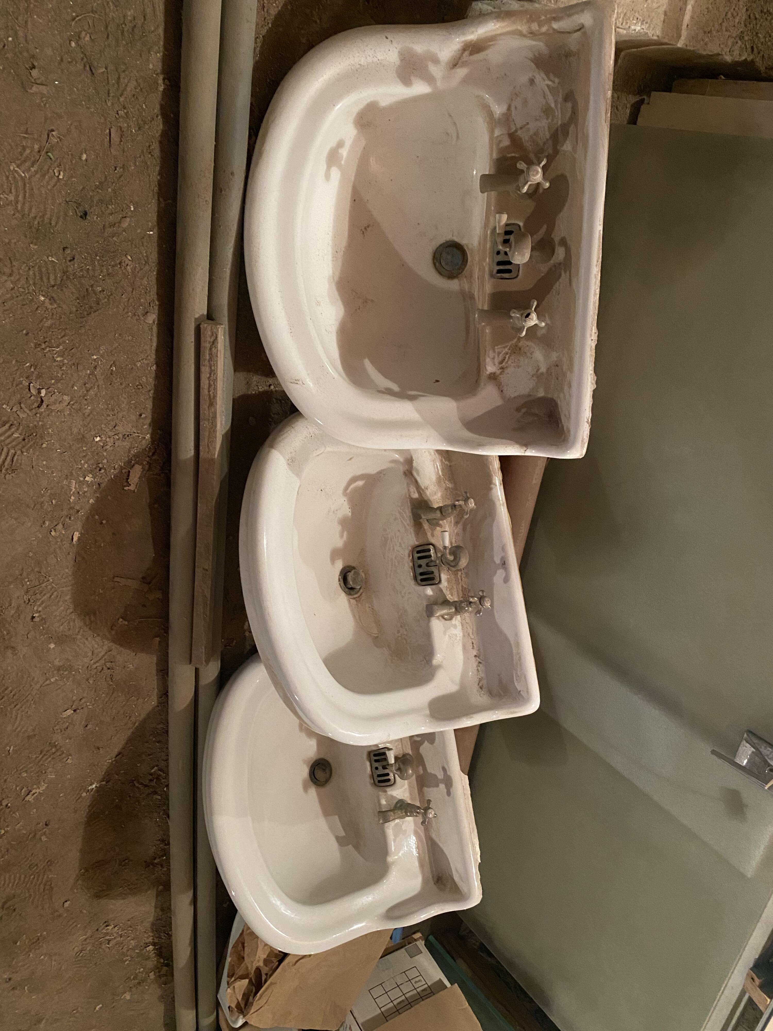 Set of 3 old white earthenware sinks
