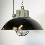 Black enamel and cast iron industrial cage pendant light , 1950s