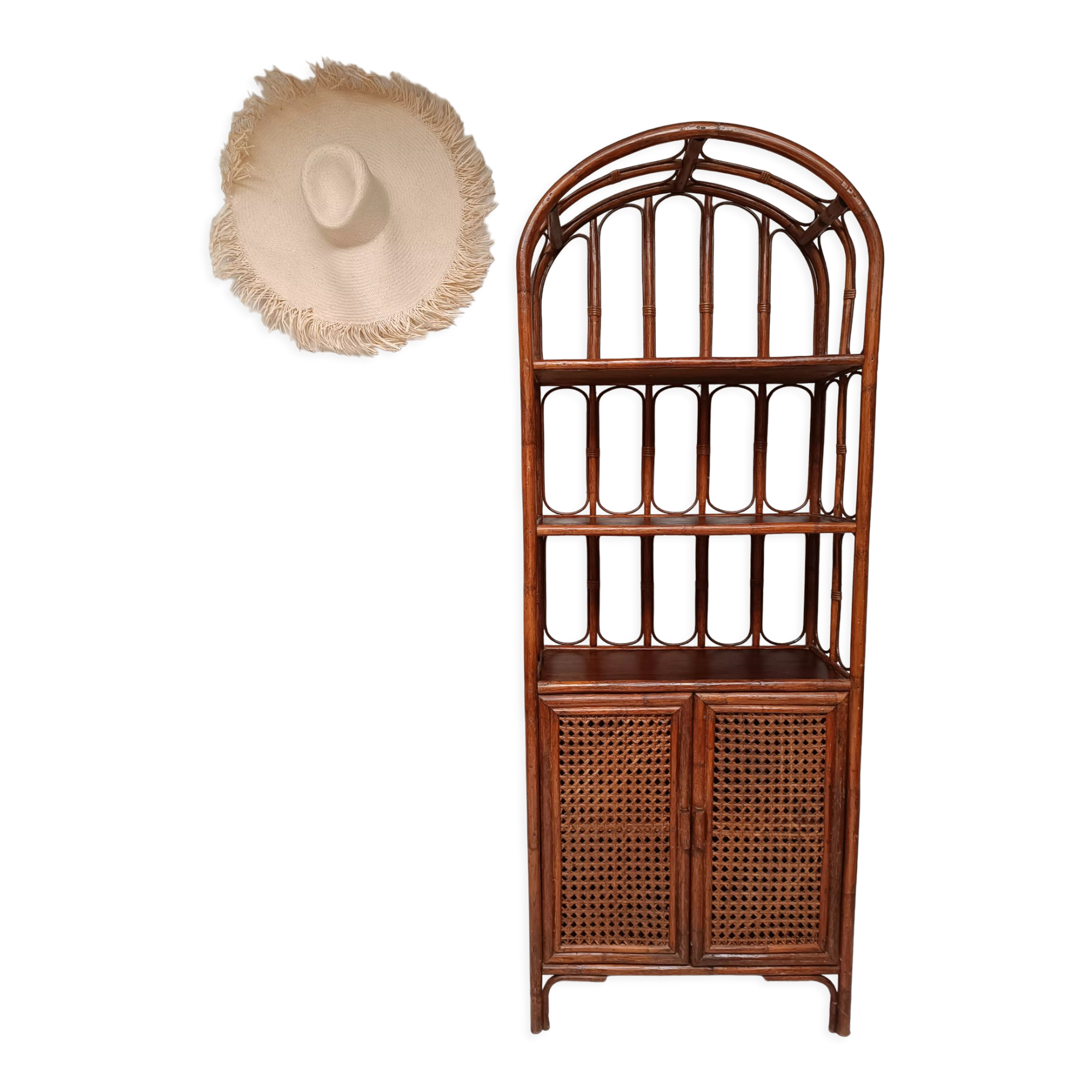 Vintage bamboo bookcase and canning