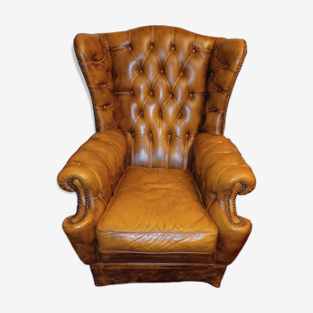 Old tan leather Chesterfield with patina