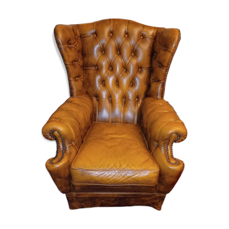 Vieux Chesterfield en cuir fauve avec patine