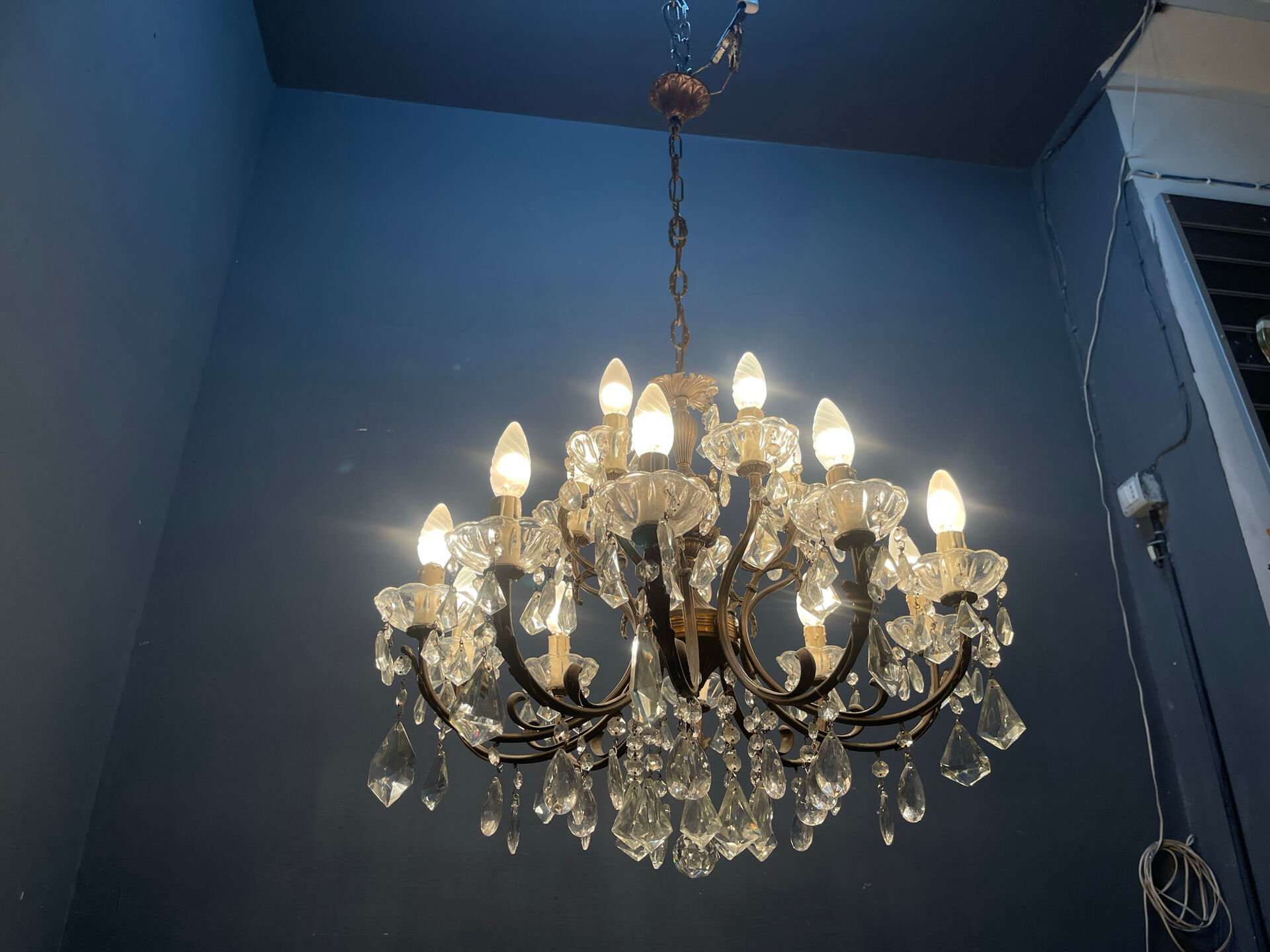 Vintage Bronze & Crystal Chandelier, 15 Lights, 1950s