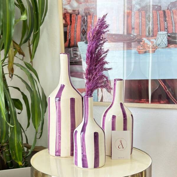 Striped purple artisanal bottle vase
