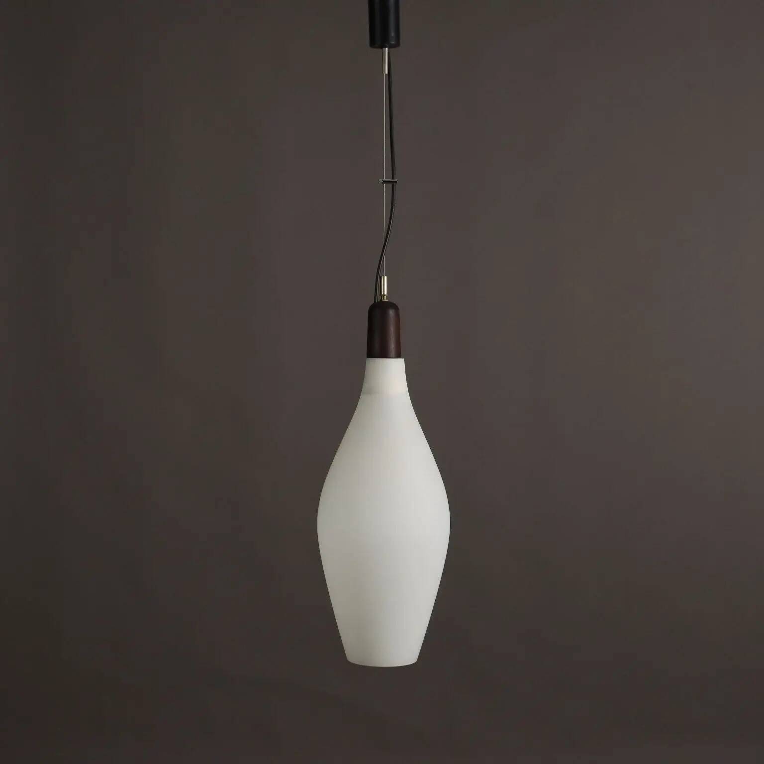 Vintage opaline glass and teak suspension, Italy, 1960s.