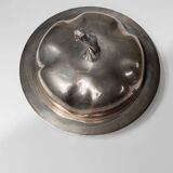 Silver-plated pumpkin-shaped bowl with lift-off lid, 1940s vintage centerpiece in metal