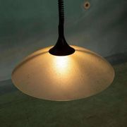 1980s Memphis glass suspension, vintage pull switch lamp.
