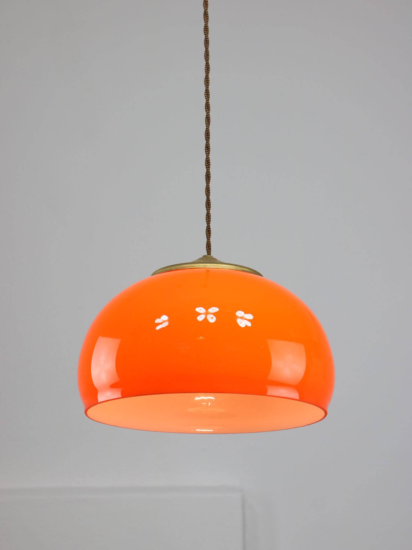 Mid-Century Italian Orange Glass and Brass Pendant Lamp