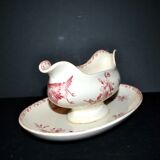 Sarreguemines earthenware gravy boat, Red Favorite with birds