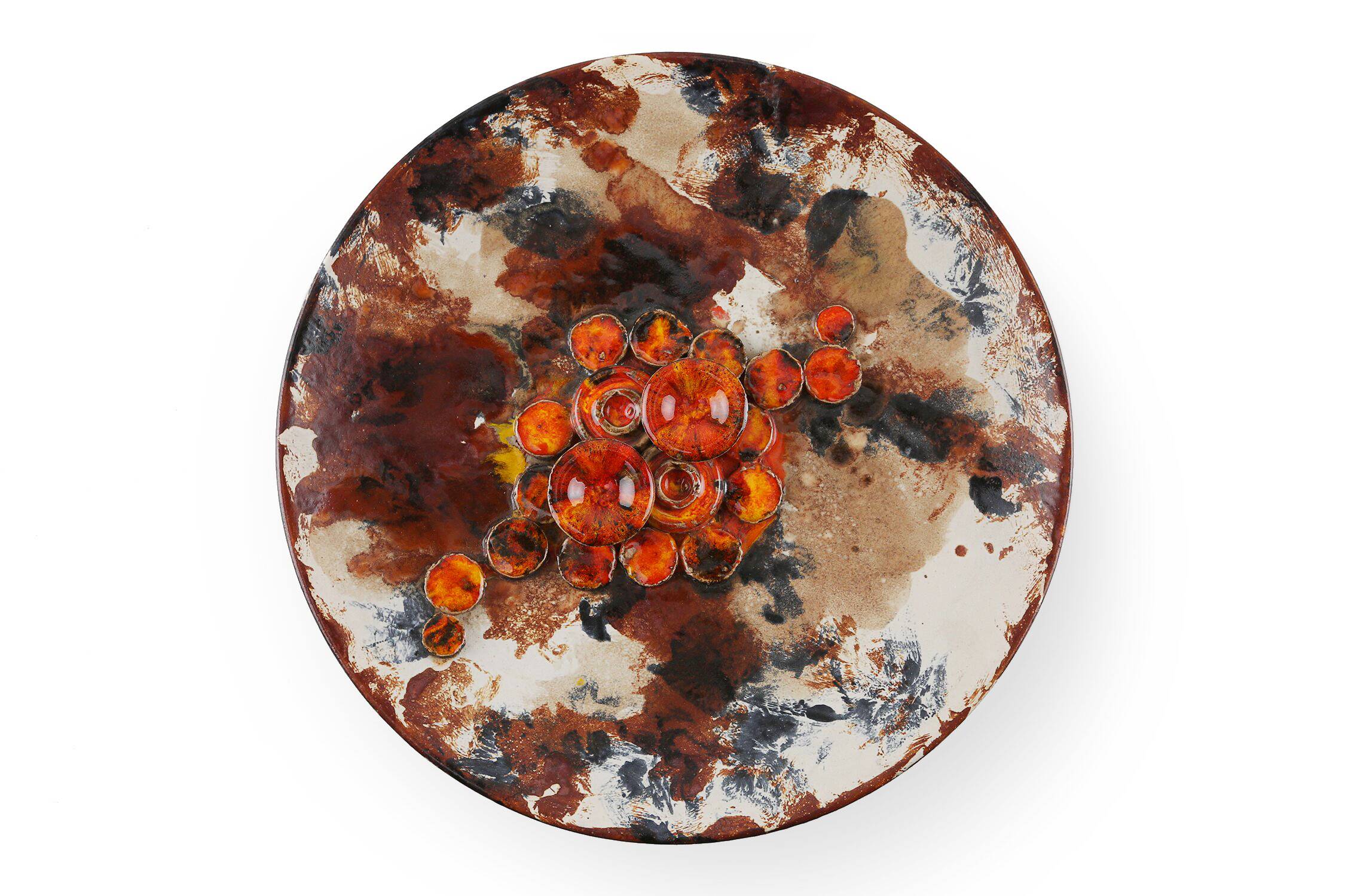 Ruscha Keramik fat lava wall plate mushrooms 717/3, West Germany 1970s
