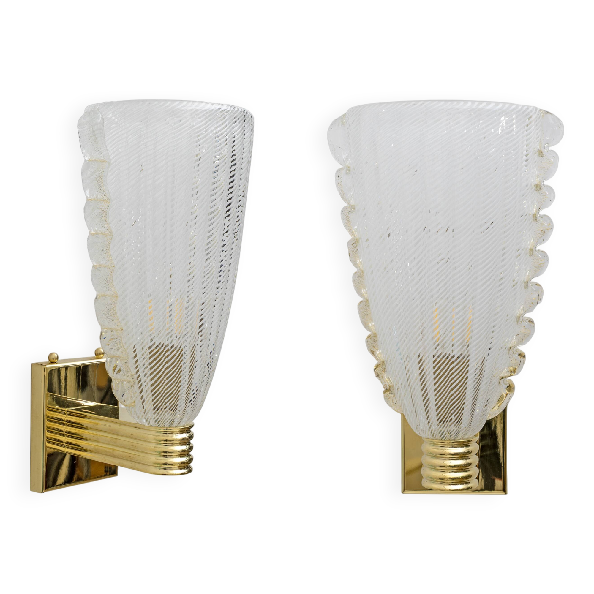 Attributed to Barovier & Toso Brass and "Reticello" Murano Glass Sconces
