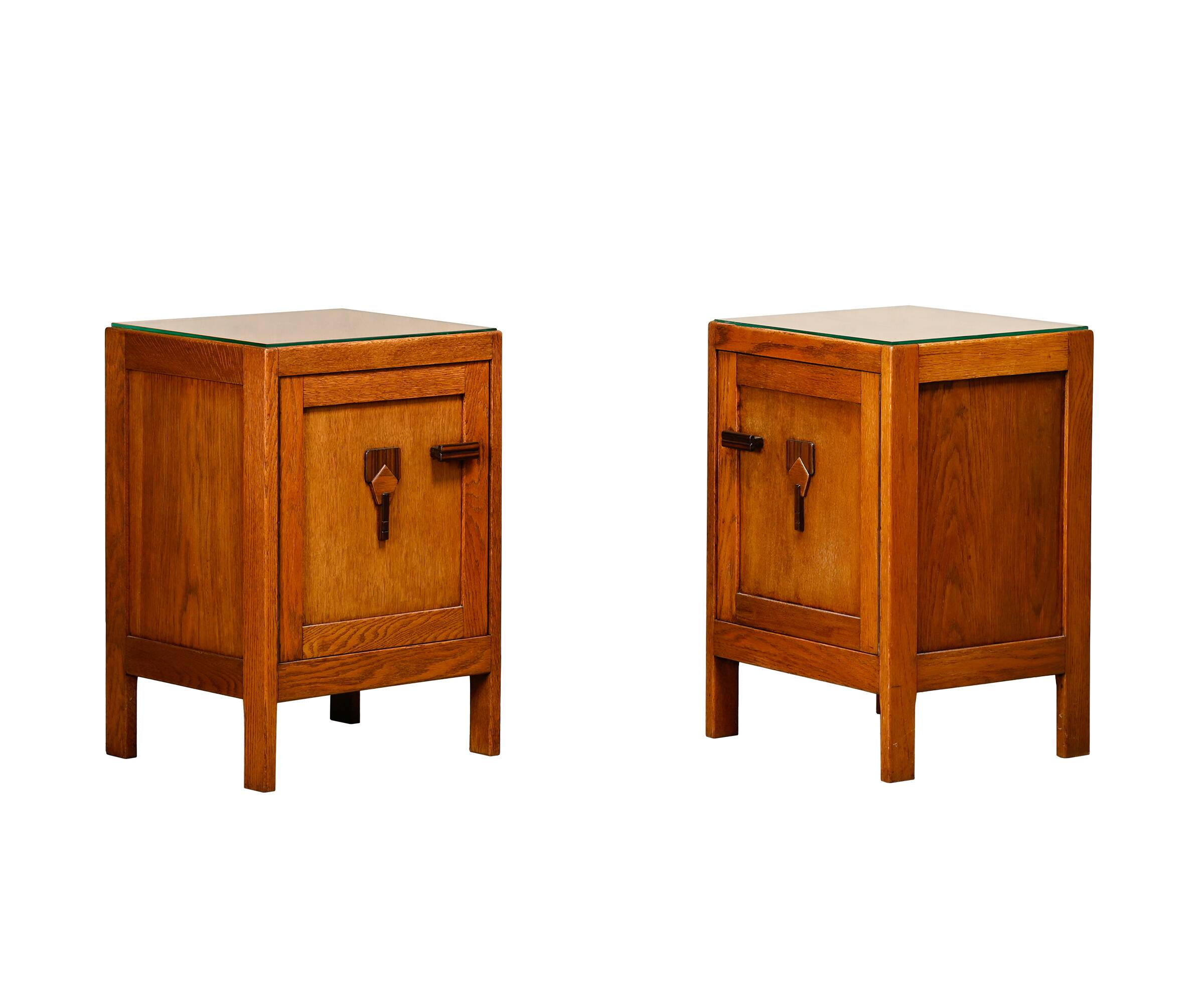 Art Deco Amsterdam School Nightstands pair in oak and glass, 1930s Netherla