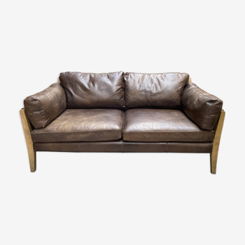Canapé droit scandinave design vintage cuir et bois