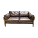Scandinavian right sofa, vintage design, leather and wood