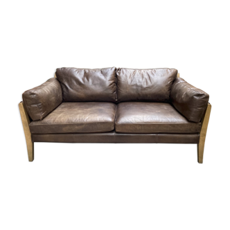 Canapé droit scandinave design vintage cuir et bois