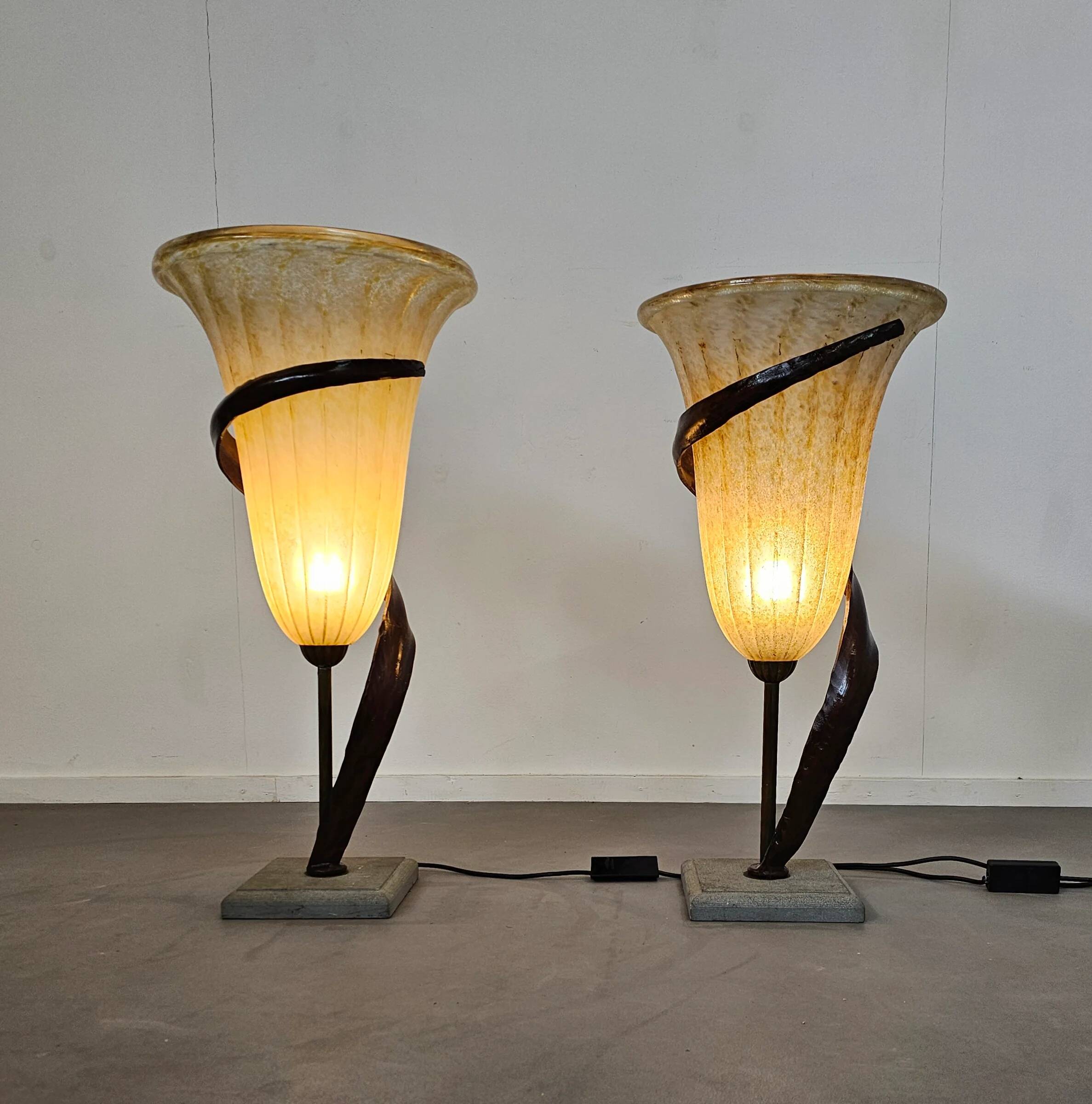 Large Jugendstil floor / table lamps, Roberto Galli, stone base with Italian glass shade