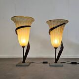 Large Jugendstil floor / table lamps, Roberto Galli, stone base with Italian glass shade