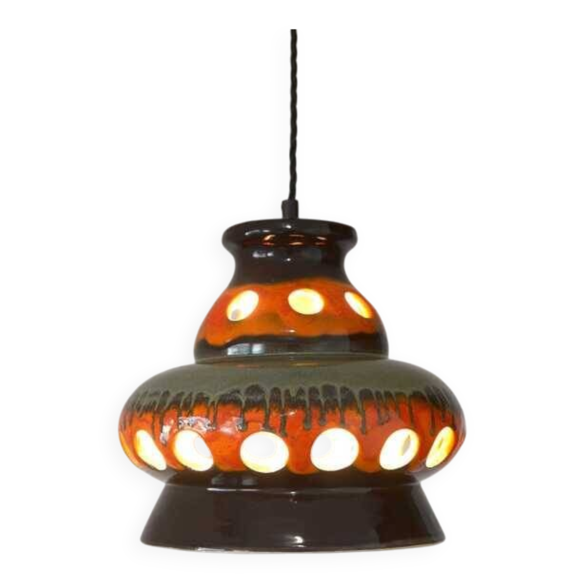 Vintage ceramic pendant light: 1970s rustic handmade chandelier