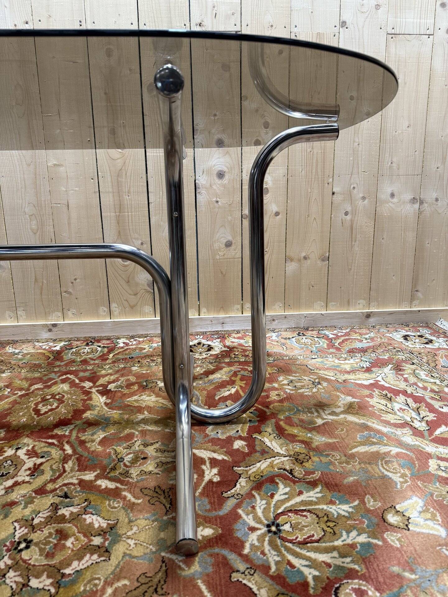 Tubular chrome and smoked glass dining table, 1970