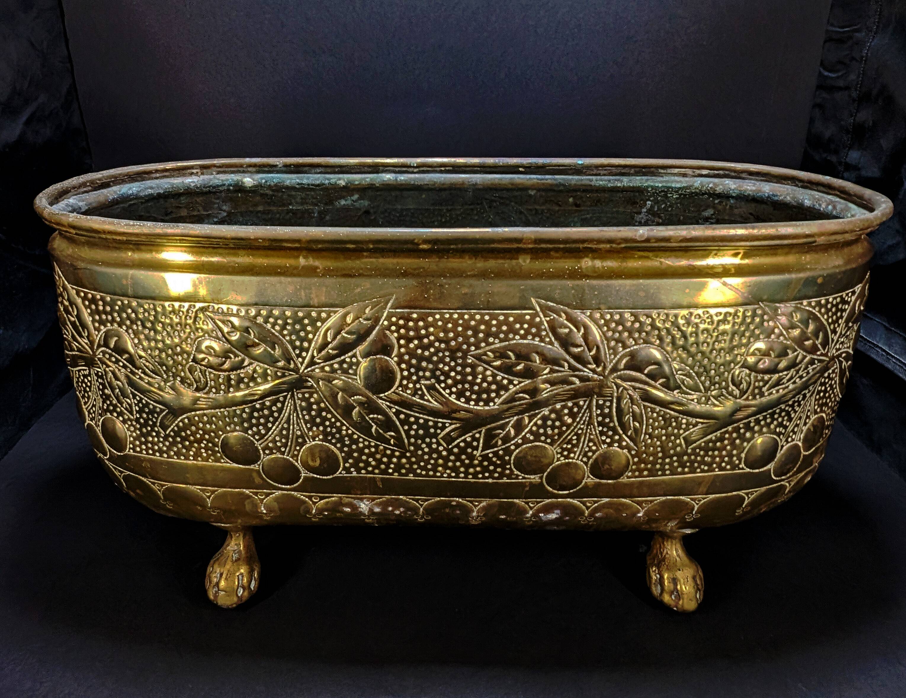 Antique Brass Jardinière – Repoussé Cherry & Leaf Décor – c.1900