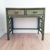Vintage desk in bamboo and rattan, tinted green