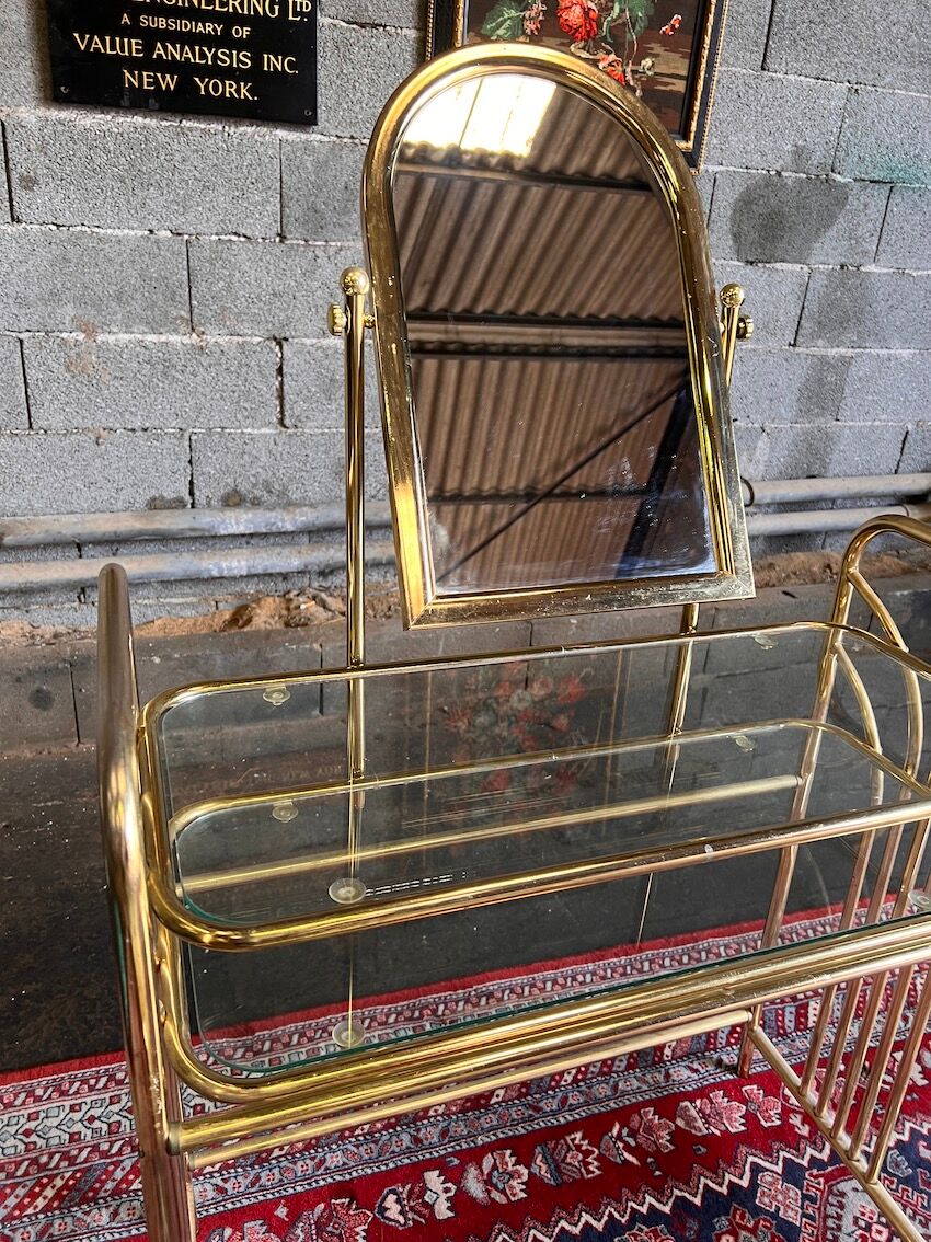 Dressing table and matching psyche in gold metal and glass 70